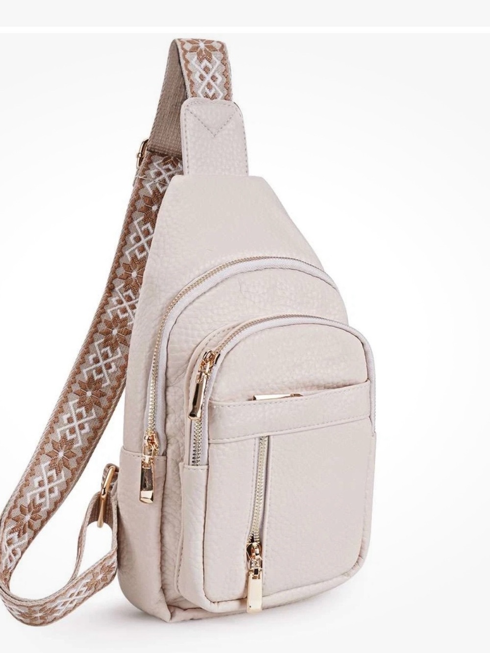 Cream Crossbody Sling Backpack with Patterned Strap